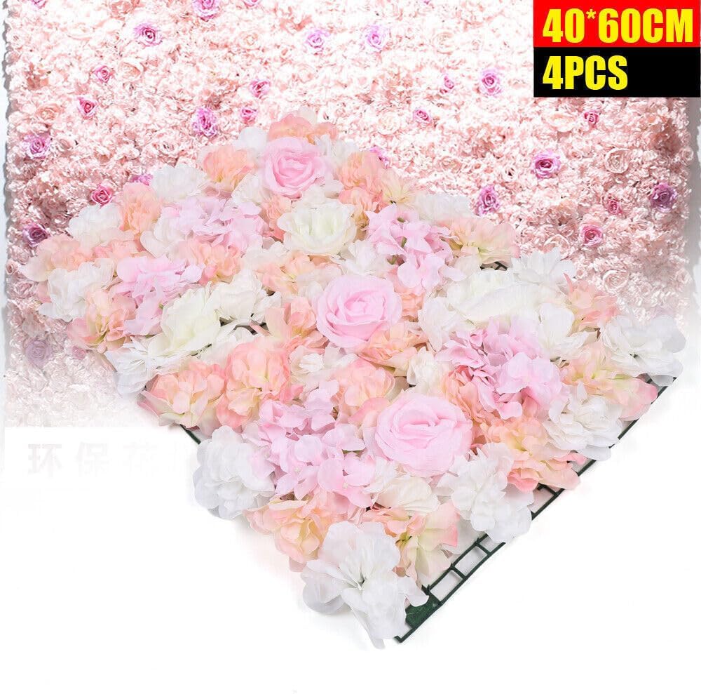 4Pcs Pink Artificial Flower Wall Panel Banquet Wedding Party Decor, for Wedding, Valentine's Day, Garden Wedding Ceremony, Bridal Shower, Anniversary