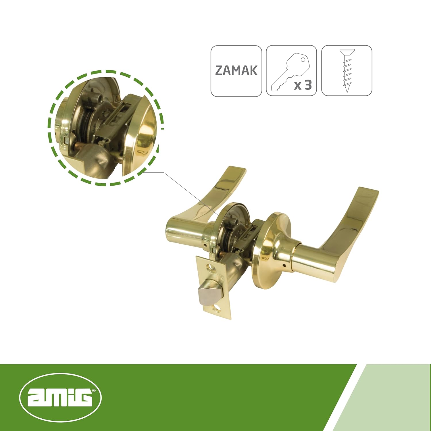Amig - Passage Handle Set with Square Edge Handle | Zamak, Brass | Gold | 60/70 mm | Interior Door Handle