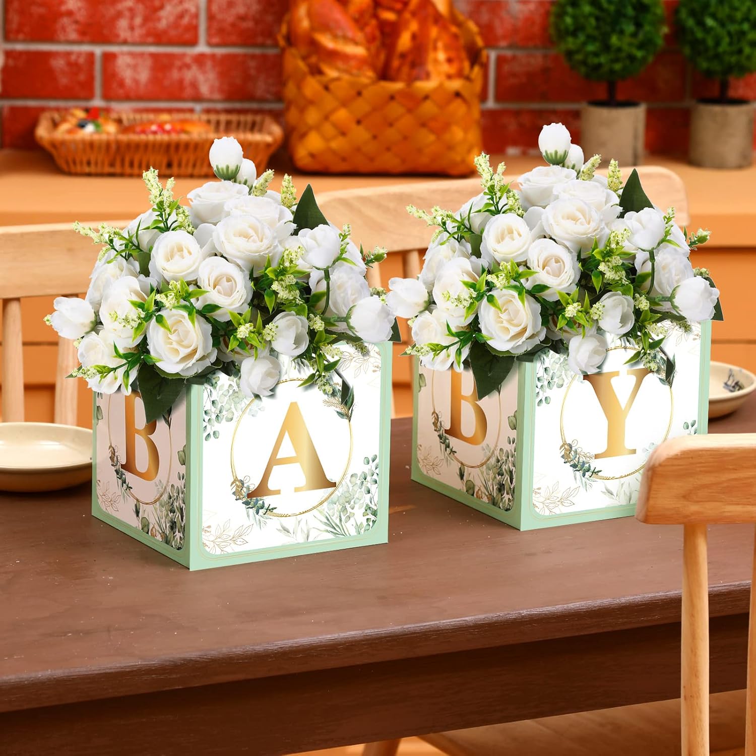 Bucherry 6 Pcs Baby Shower Centerpieces with Letters, 7" Baby Blocks Flower Boxes for Table Decorations, Gender Reveal Party Supplies & Photo Props(Green,Sage Green Leaf)