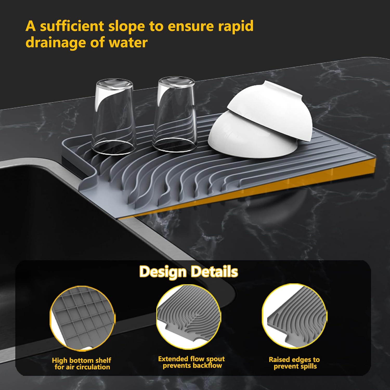 Silicone Drying Mat for Kitchen Counter , Dish Drying Rack Matt with Built in Drain, Small Dry Mats for Dishes Drying Pad for Kitchen Counter (20×15.7inch Extra Large, gray)