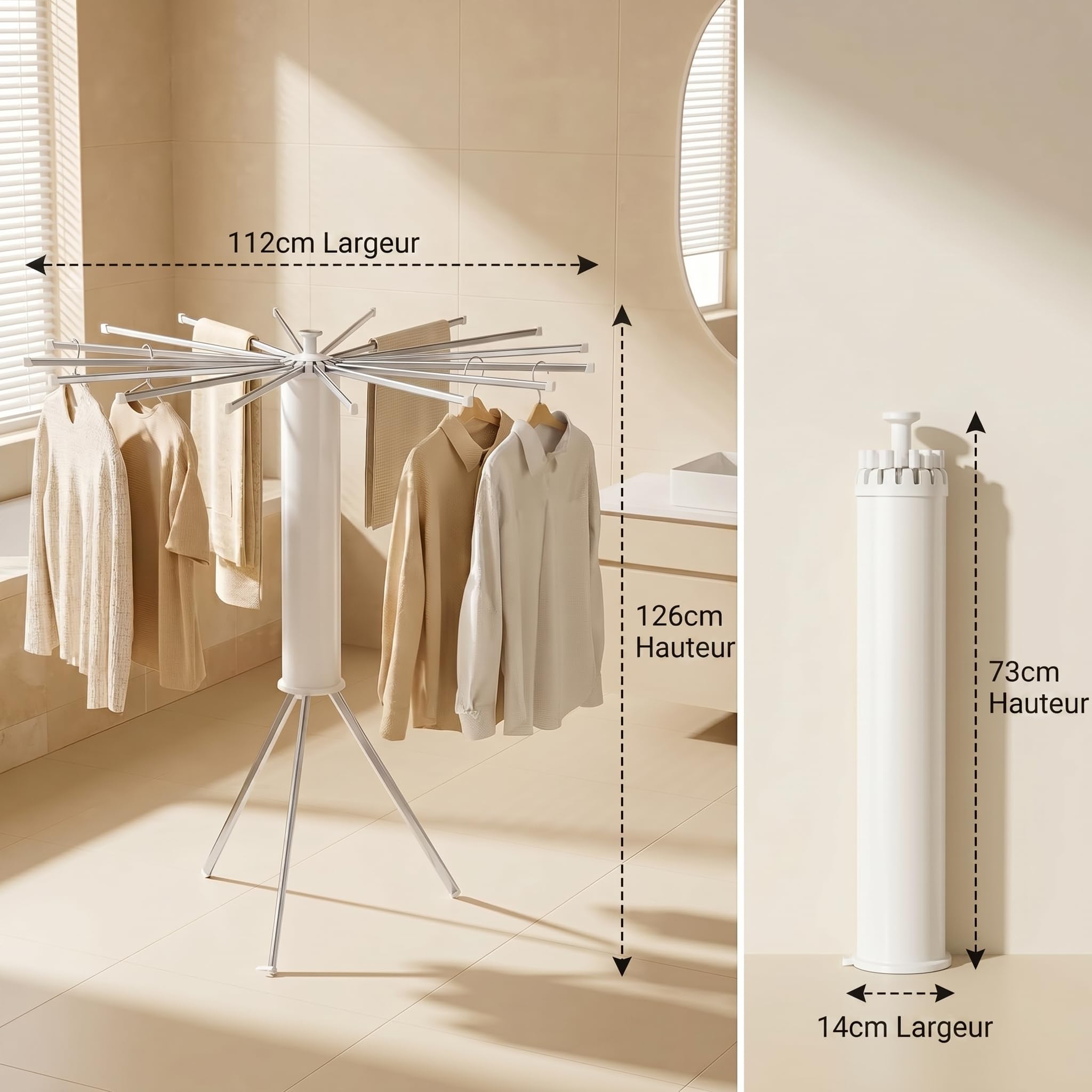Étendoir à Linge Pliable 360° Pivotant – Séchoir à Linge Intérieur Extérieur Gain de Place avec 16 Bras en Acier Carbone, Étendoir Vertical Extensible pour Balcon, Camping, Buanderie