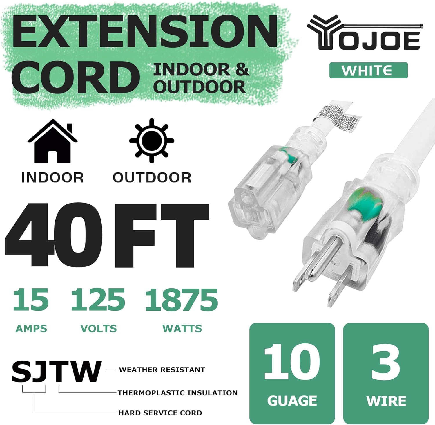 YOJOE Indoor Outdoor Extension Cord with Lighted End, 3 Prong 15A Weatherproof Power Cord, 10 Gauge Heavy Duty 40 ft White Extension Cord for Garage, Garden and Home, 10/3 SJTW UL Listed