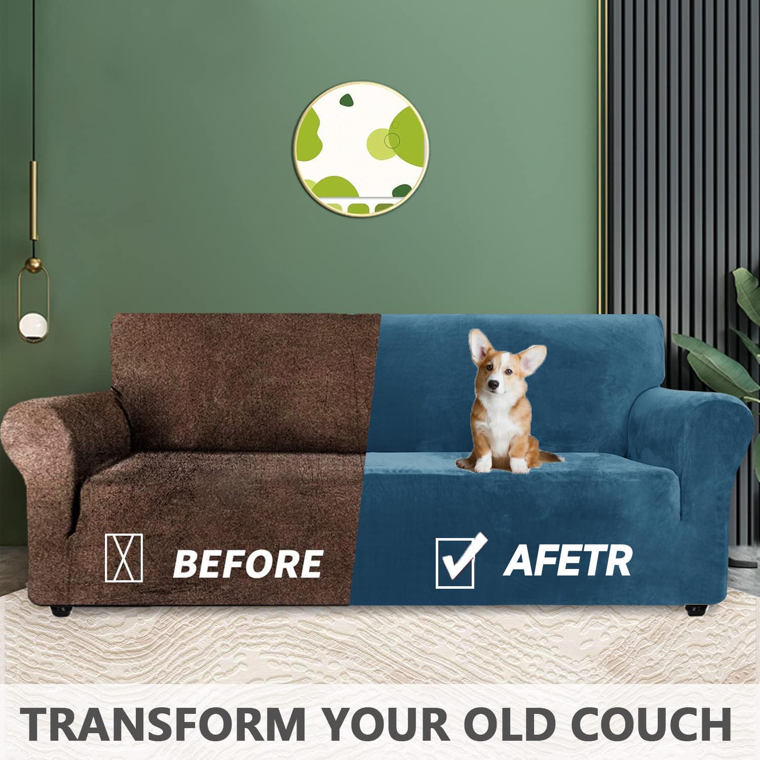 Housse De Canapé en Velours 3 Places, Sofa Cover Extensible, Antidérapant, Lavable, Bleu Paon