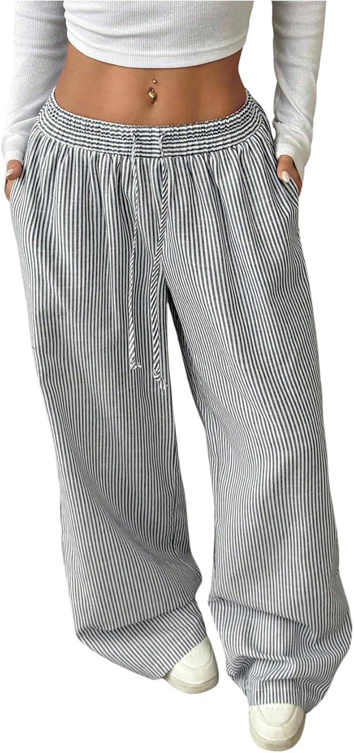SOLY HUX Women's Striped Pants Drawstring Elastic Waist Wide Leg Baggy Long Pants Trousers with Pockets