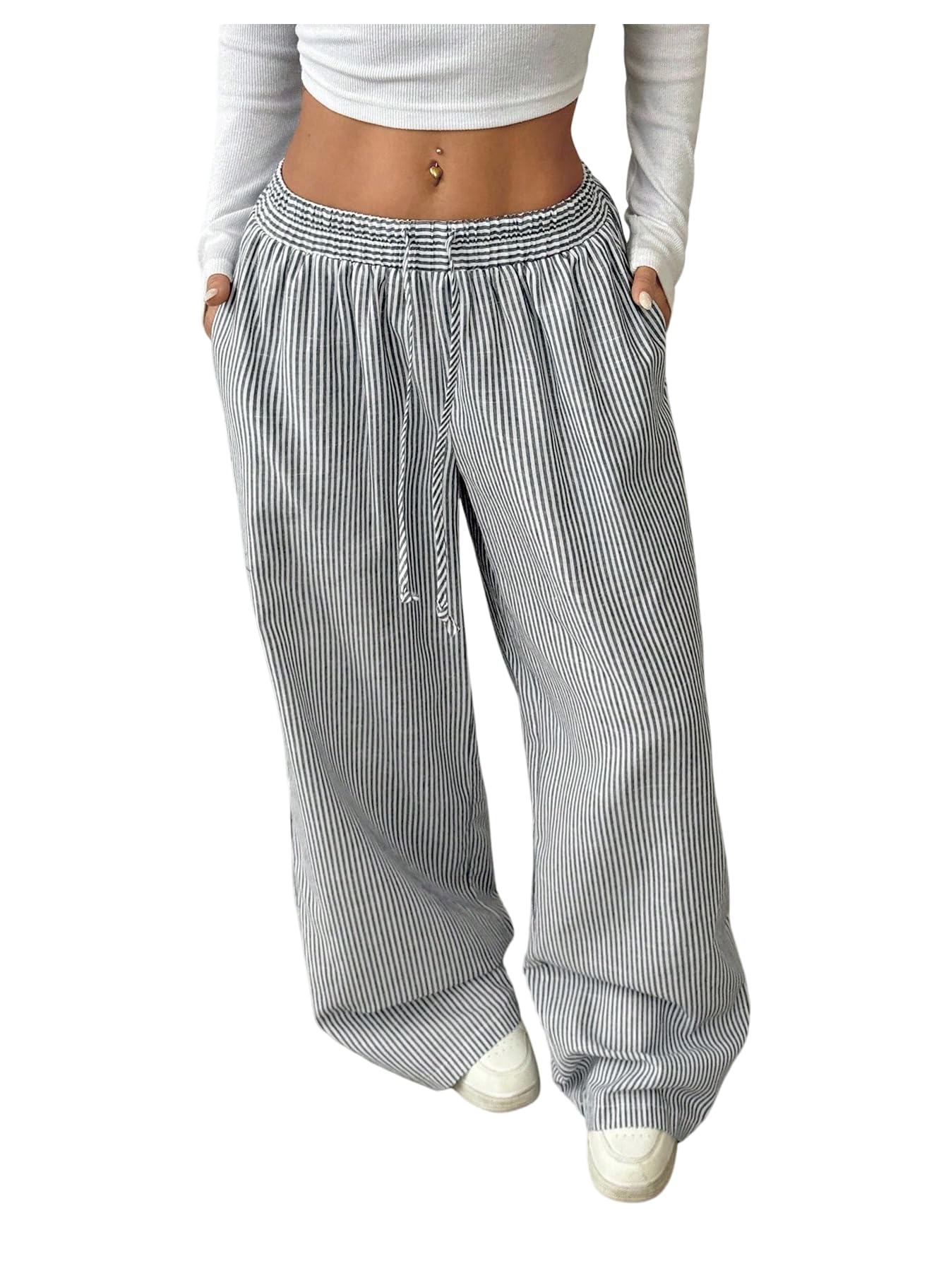 SOLY HUX Womens Striped Pants Drawstring Elastic Waist Wide Leg Baggy Long Pants Trousers with Pockets