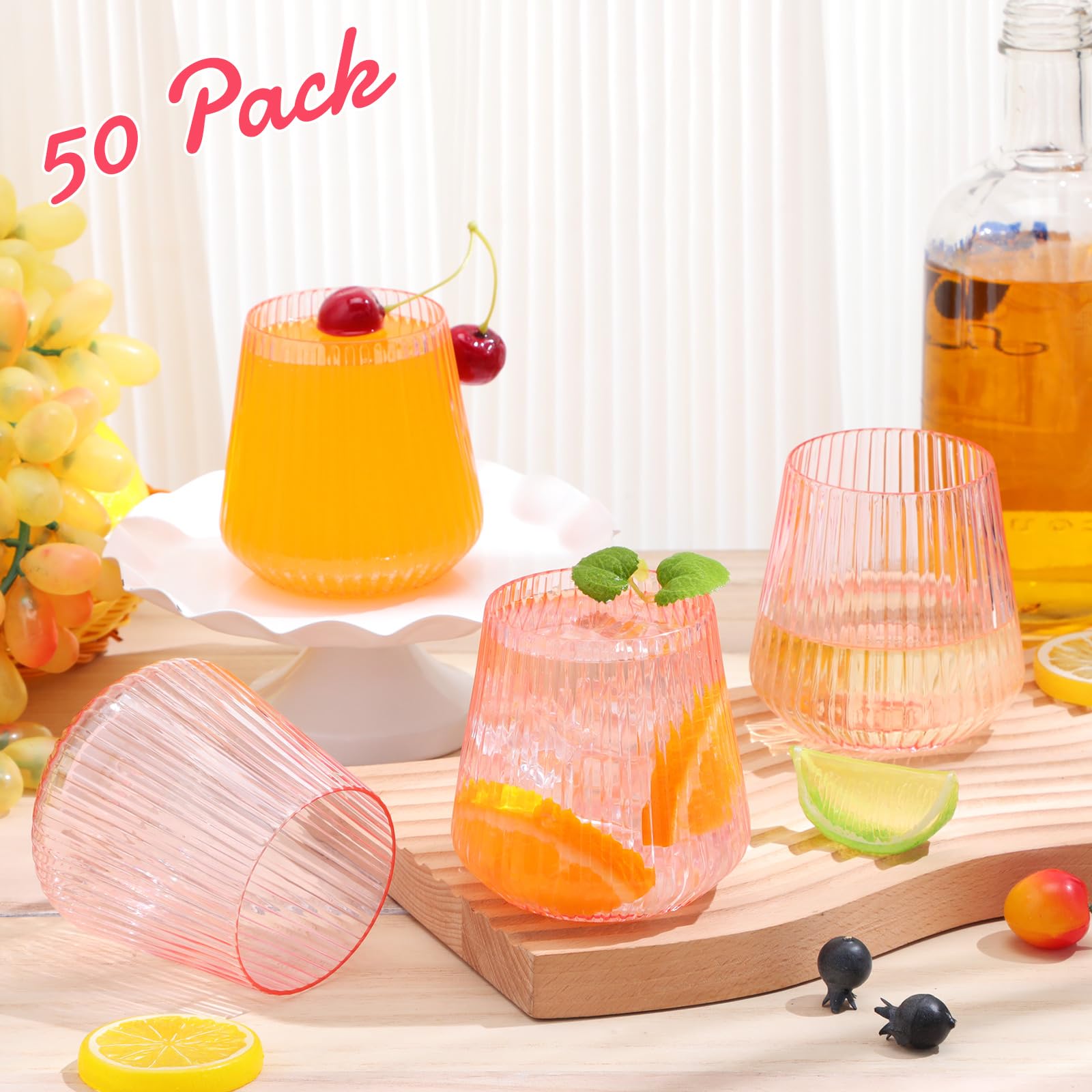 Suclain Weingläser aus Kunststoff, gerippt, ohne Stiel, 400 ml, vertikales Design, unzerbrechliche Becher für drinnen und draußen, Vintage, elegante Champagner-Whiskygläser für Weihnachten, Party,