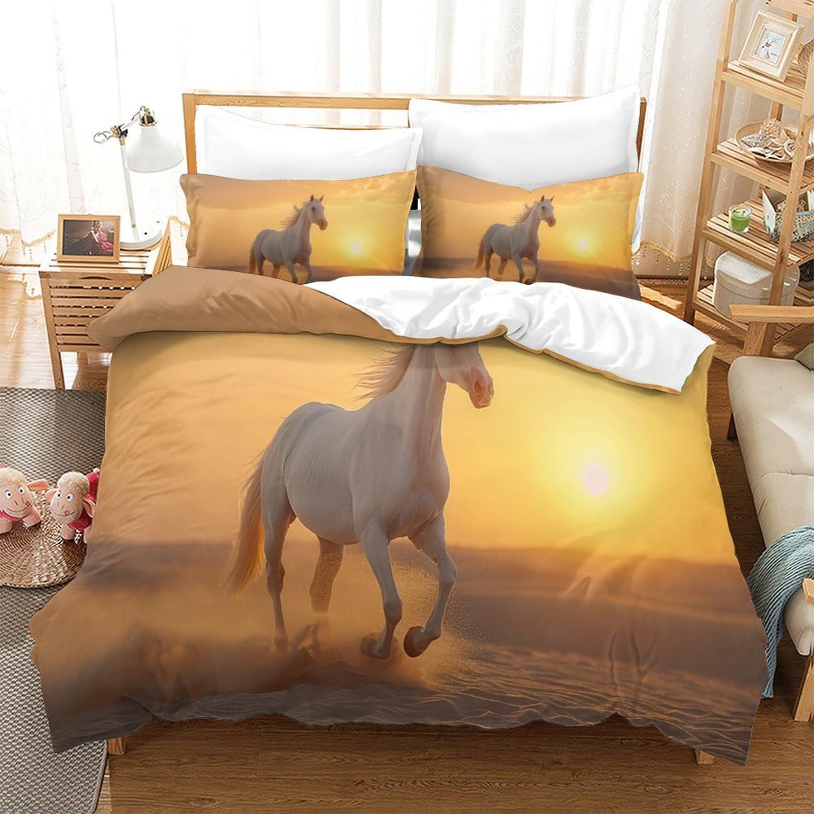 P1S9U7W5Y Sunset Artistic 3D Printed Horse Duvet Cover Set 3pcs Microfiber Horse Bedding Set Super king（260x220cm）