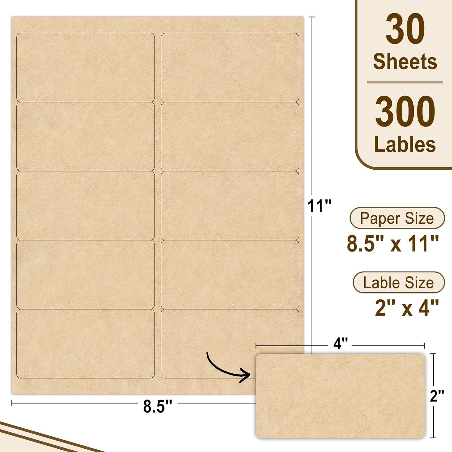 NATURALABEL 30 Sheets Printable Kraft Label Stickers for Laser & Inkjet Printers, 2" x 4" - 10 per Page, Matte (300 Count) - Image 2