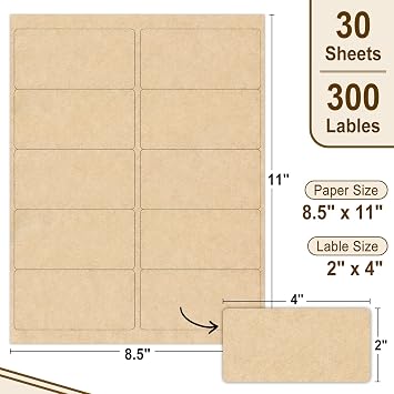 NATURALABEL Kraft Labels for Laser & Inkjet Printers, 2 x 4, 30 Sheets