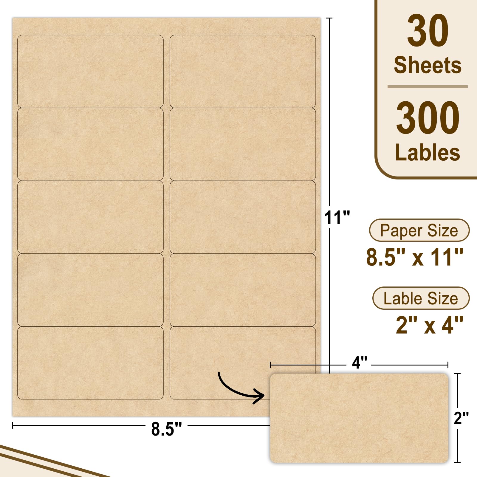 NATURALABEL 30 Blatt bedruckbare Kraftpapier-Aufkleber für Laser- und Tintenstrahldrucker, 5,1 x 10,2 cm, 10 pro Seite, matt, 300 Stück