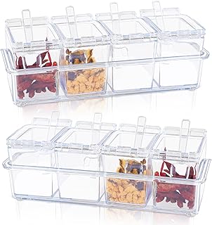 Clear Seasoning Box, 8 Piece Seasoning Rack Spice Pots, Plastic Storage Container Condiment Jars with Lids and Spoon, Kitchen Organization Containers for Spice, Salt, Sugar, Cruet (2 Set)