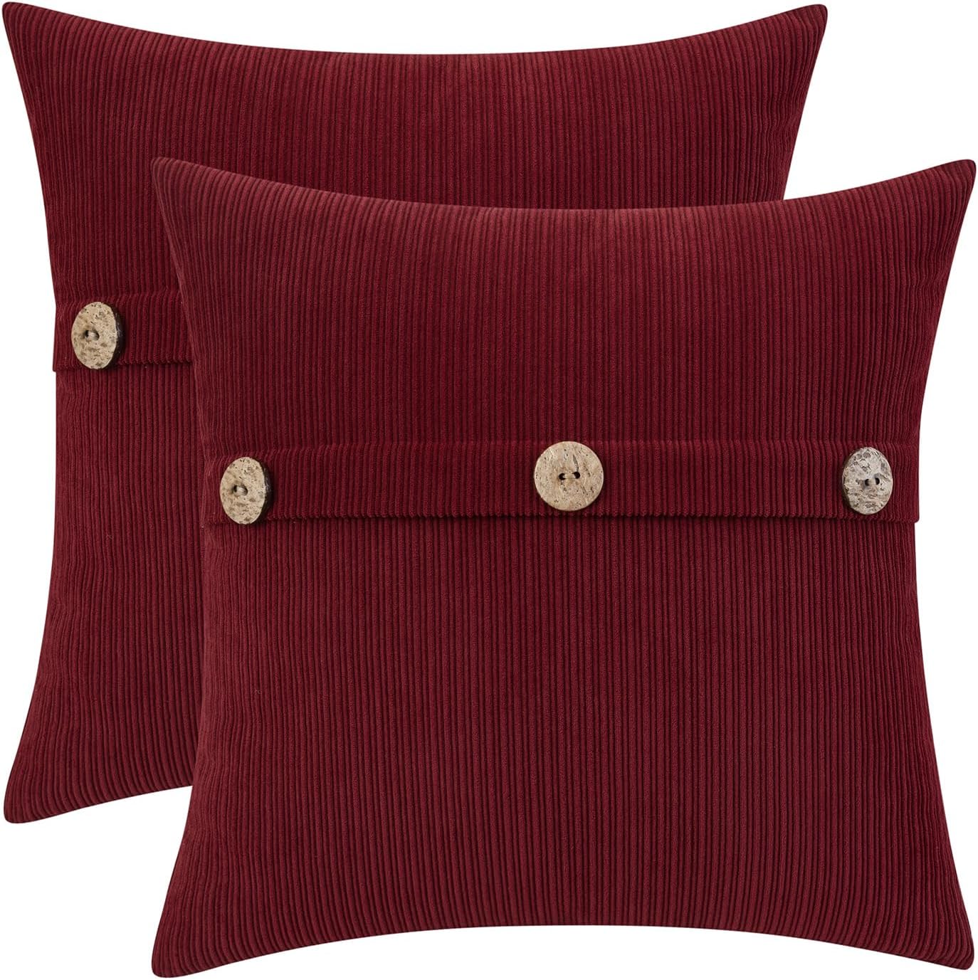 HWY 50 Burgundy Red Chenille Throw Pillow Covers 22x22 Inch with Triple Buttons, Soft Farmhouse Accent Decorative Cushion Cases for Couch Sofa Bed Living Room Pack of 2