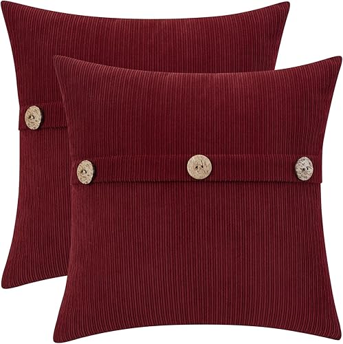 HWY 50 Juego de 2 fundas de cojín de felpilla color rojo borgoña de 20 x 20 pulgadas con tres botones, fundas de cojín decorativas suaves con acento
