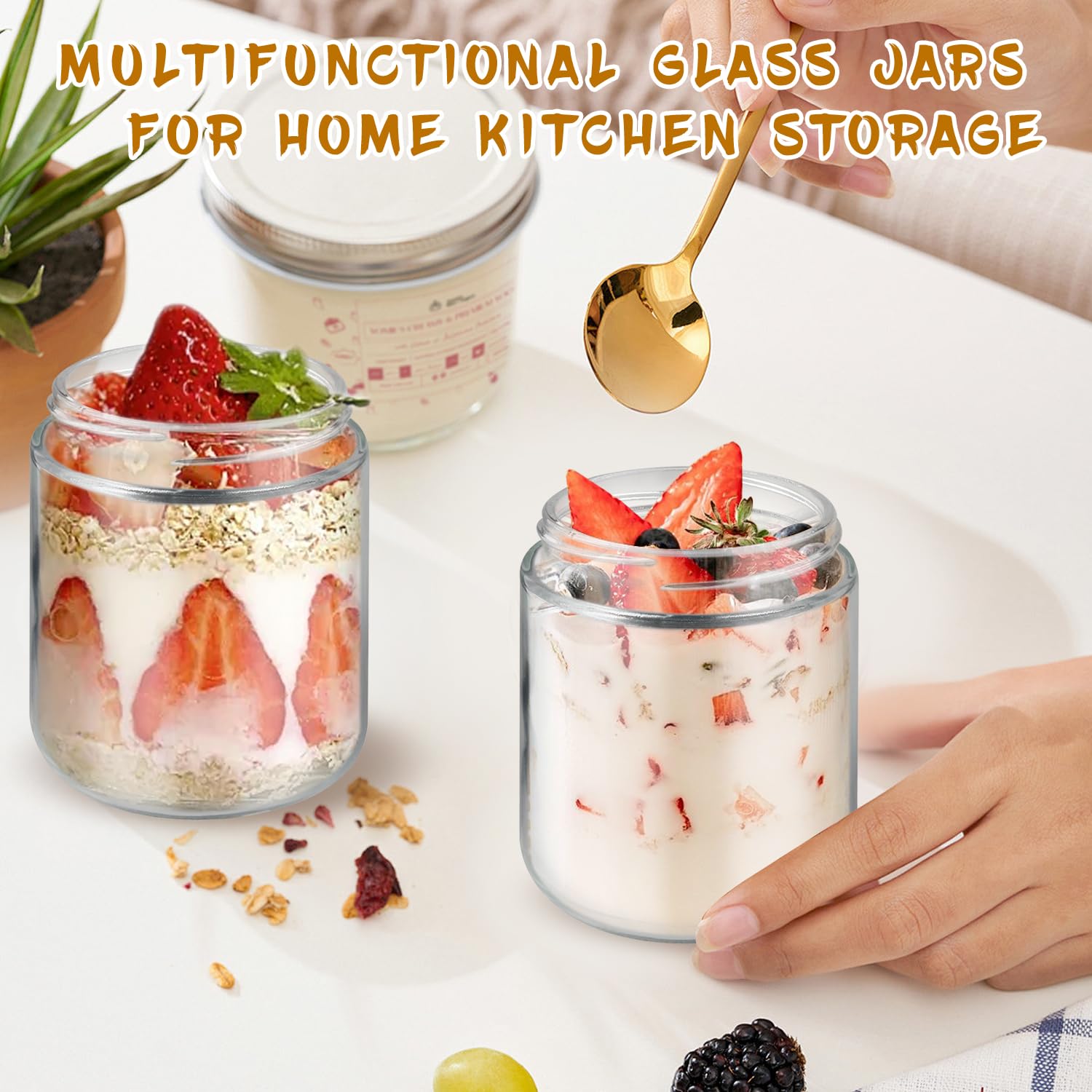 4 tarros de vidrio de boca ancha para almacenamiento de alimentos, recipientes de avena durante la noche con tapas de bambú para aperitivos, yogur en polvo, líquido, 480 ml