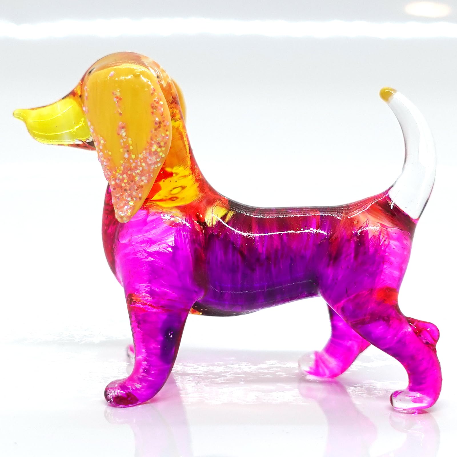 Sansukjai Dachshund Miniature Figurines Dog Animals Hand Blown Glass Art Gold Trim Collectible Gift Decorate (Pink Yellow)