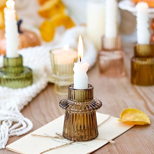 Miniatura 6 de Portavelas marrones, 6 piezas para velas de candelita, juego de portavelas cónicos de vidrio acanalado, centros de mesa para Acción de Gracias,