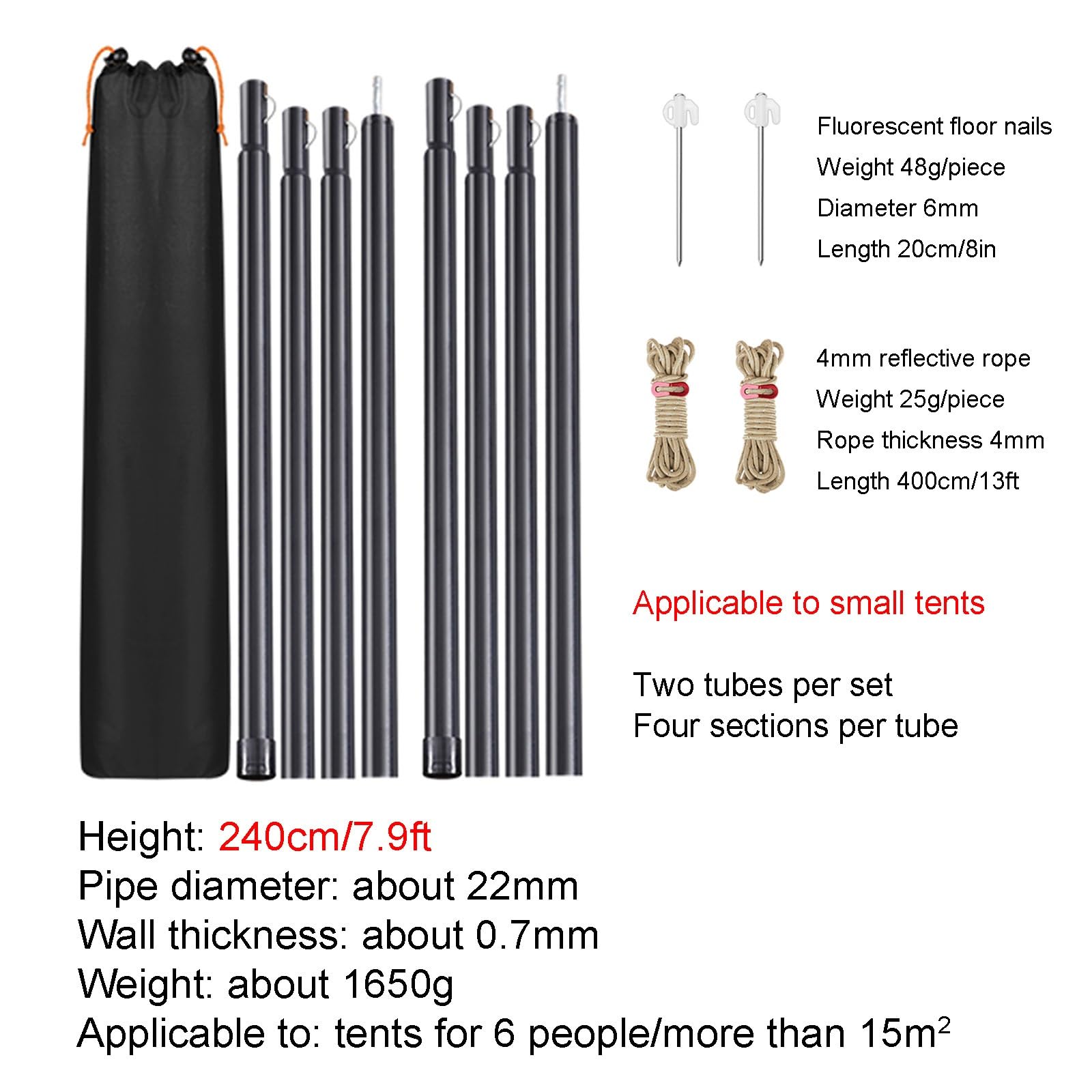 Regulowane Maszty do Plandek Kempingowych, Zestaw 2 Masztów do Namiotów z Kołkami i Odblaskowymi Linkami, do Tropików, Markiz(240cm/7.9ft)