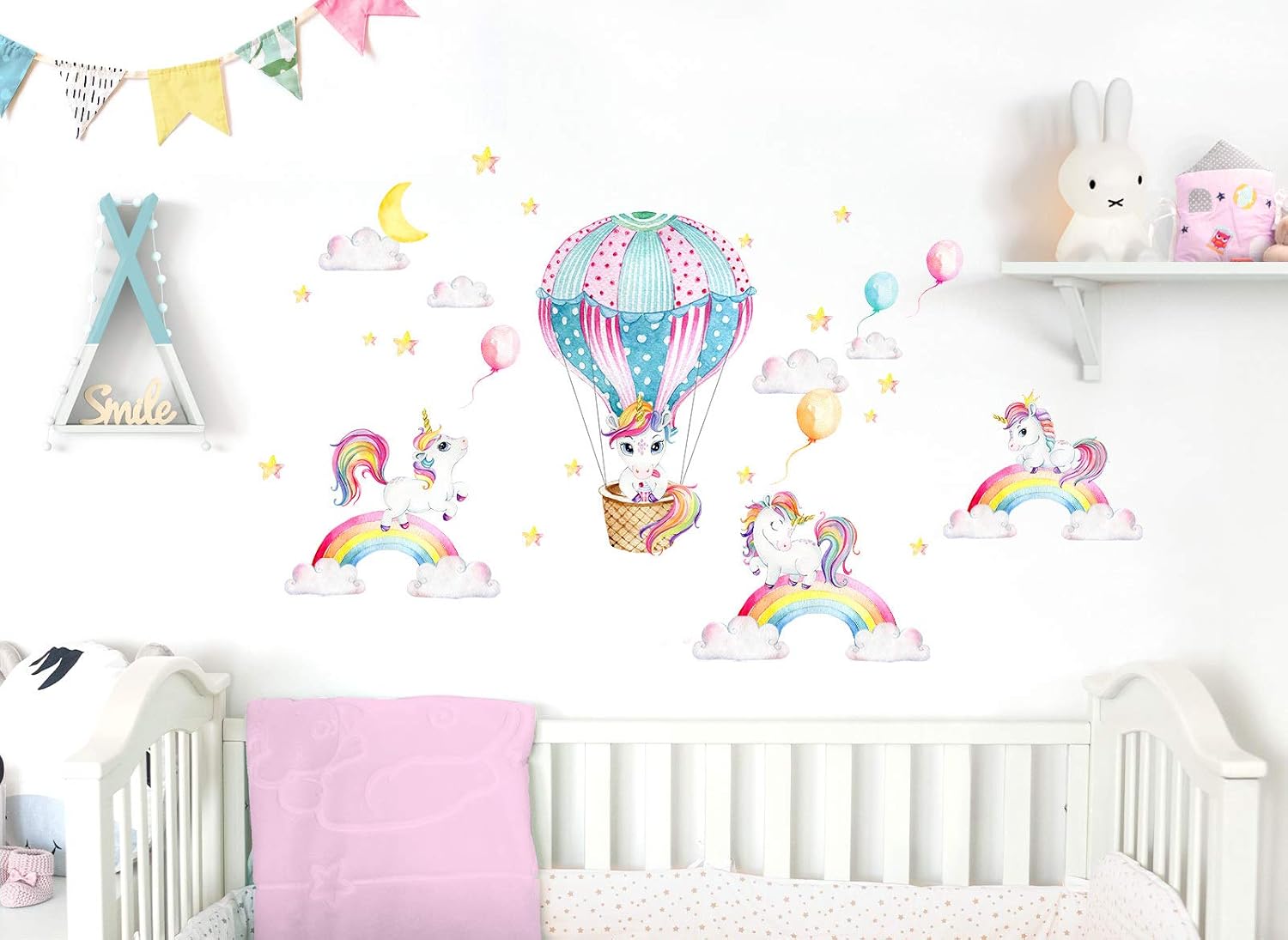 Little Deco DL539-04 Wall Sticker Unicorns Rainbow & Hot Air Balloon I Wall Picture 99 x 58 cm (W x H) I Sticker Moon and Stars Children's Room Sticker Girls Room Baby - Image 3