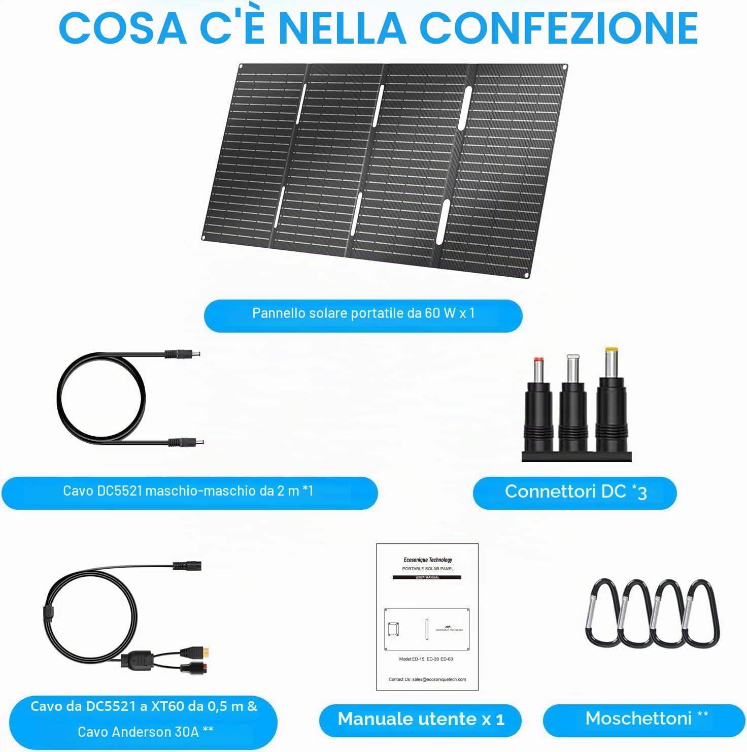Ecosonique Pannello solare portatile da 60 W, modulo solare pieghevole, ricarica rapida con USB-C PD3.0, USB-A QC3.0, uscita DC 18 V, impermeabile per campeggio, esterni, centrale elettrica