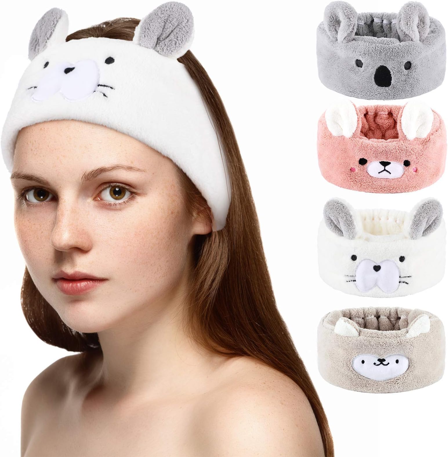Chuangdi 4 Pieces Animal Hair Bands Face Wash Headband Spa Animal Ears for Skincare Makeup Spa Headband Washing Face Coral Fleece Plush Hairband for Women Girls(Adorable Style,Cute Colors)