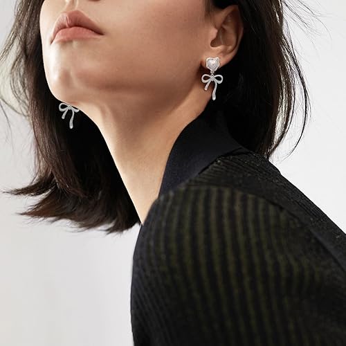 Miniatura 4 de Bow Pearl Earrings for Women,Christmas Silver Dangle Earrings Heart-Shaped Pearl Handmade Earrings - Wedding Guest Earrings Small,and Exquisite