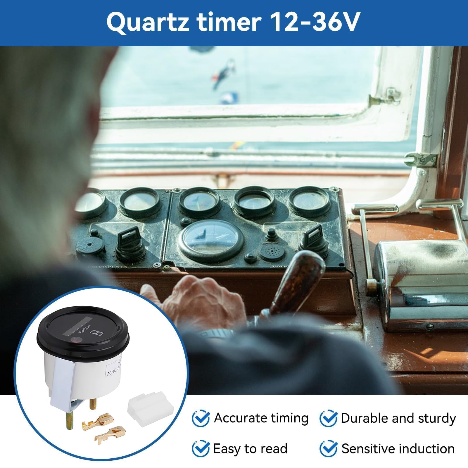 SH-748 Compteur Horaire à Quartz 12-36V DC AC, 2.2 X 2.9pouces Compteur Horaire Rond étanche 12v Set De Bornes De Connexion, Minuterie Quartz Pour Bateau Auto Motoneige Tracteurs Pelouse