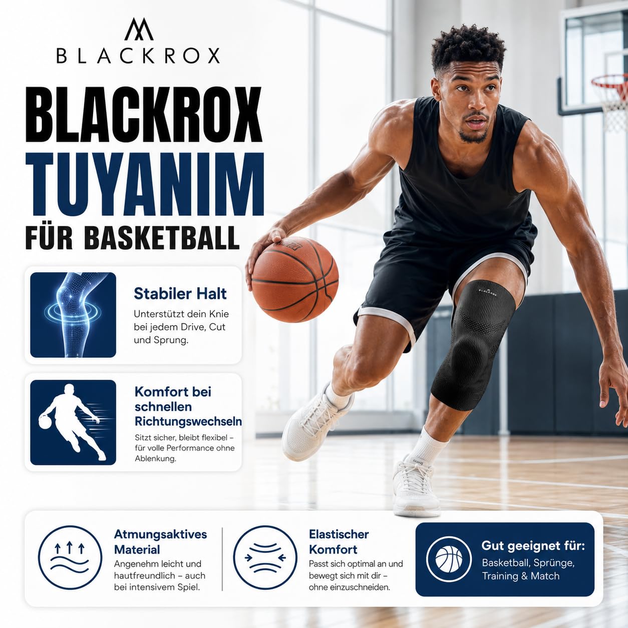 BLACKROX Kniebandage TUYANIM Sport Kraftsport Damen Herren Silikonring leicht Patella Gel Polster Feder Stabilisatoren Volleyball Fussball Laufen Knieschoner Kompression Männer Frauen (XL)
