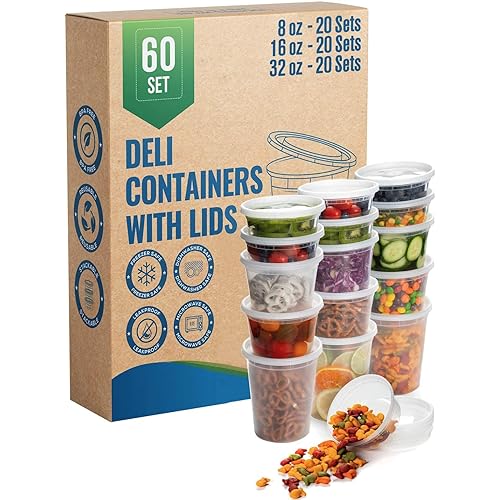 Deli Containers with Airtight Lids - 60 Piece Set (8oz, 16oz, 32oz) Perfect for Slime, Portion Control, Microwavable, Dishwasher, Freezer Safe, Leakproof, Stackable