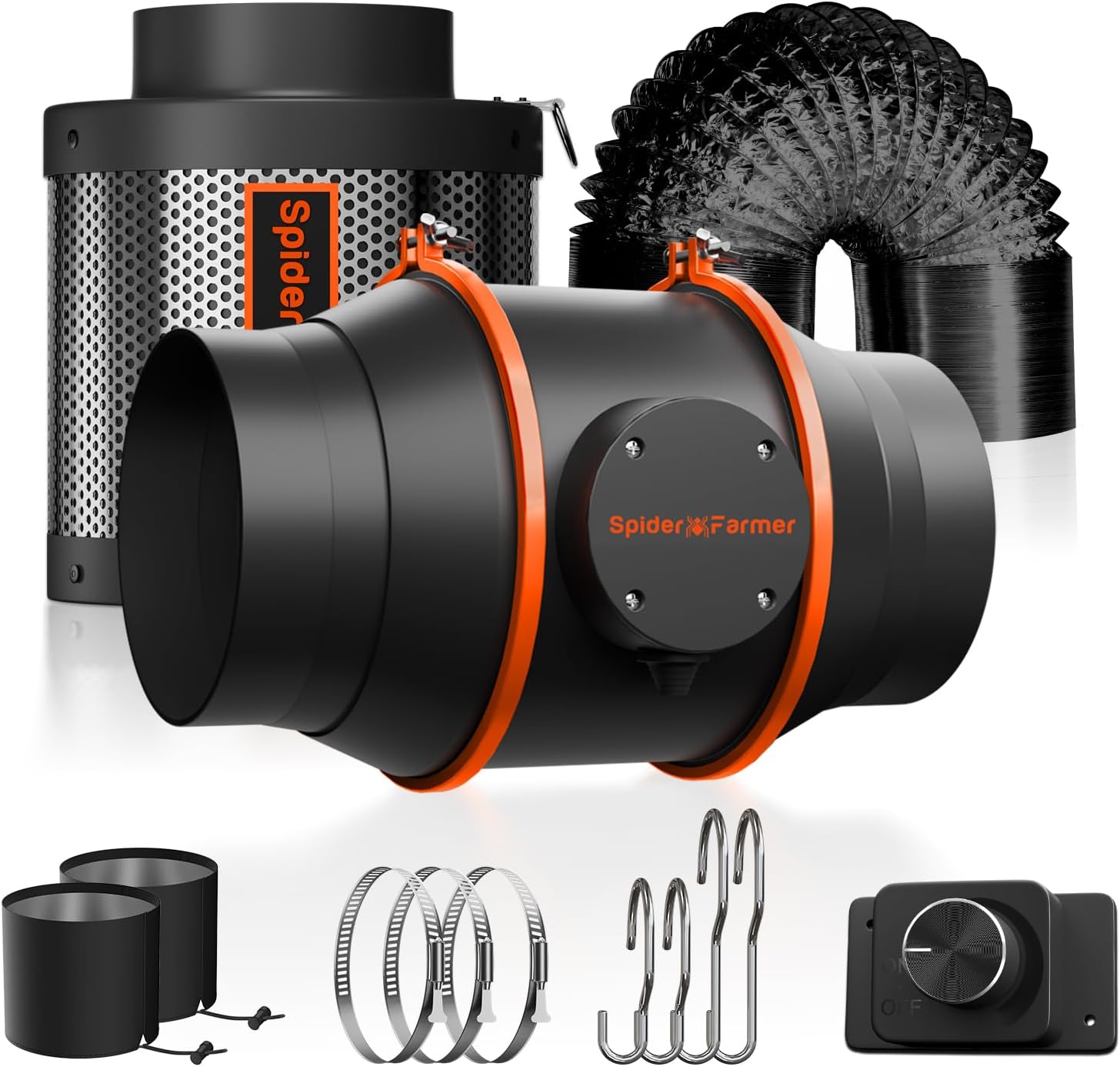 Spider Farmer 15.2 cm Inline Fan Carbon Filter Air Ducting Kit, Exhaust Fan with Speed Control Hydroponics Grow Tent Ventilation Kit for Heating Cooling Booster, Grow Tents, Hydroponics