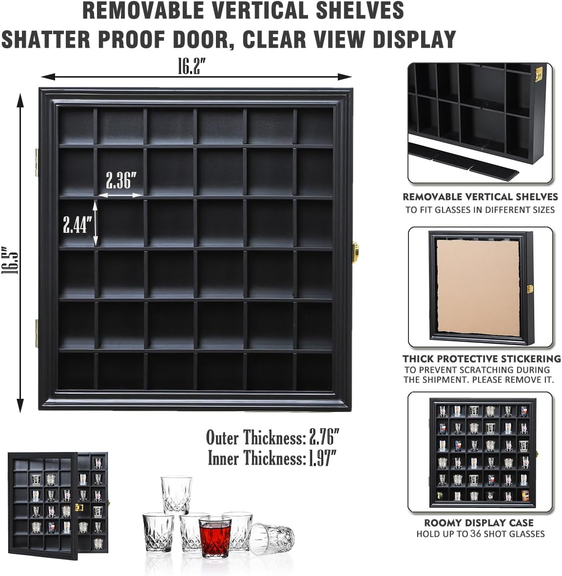 Shot Glass Display Case Wooden Cabinet Rack Holder Wall Mounted Black Shadow Box Lockable with UV Protection Acrylic Glass Door Shot Glass Storage Display with Removable Shelves, 16.5"x16.2", 36 Slots