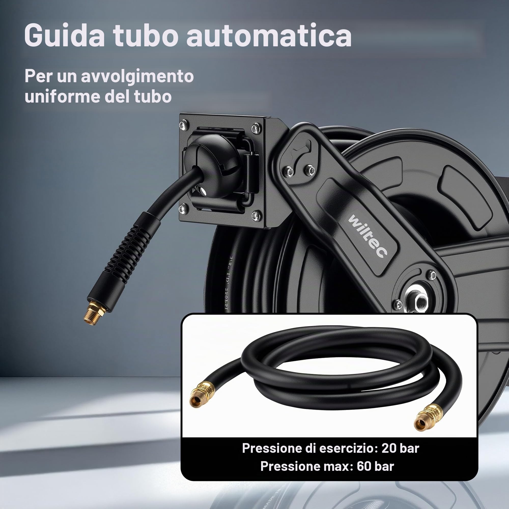 Wiltec Avvolgitubo per aria compressa 20 m, avvolgitubo automatico in acciaio, 20 bar, facile montaggio a muro, girevole a 180°