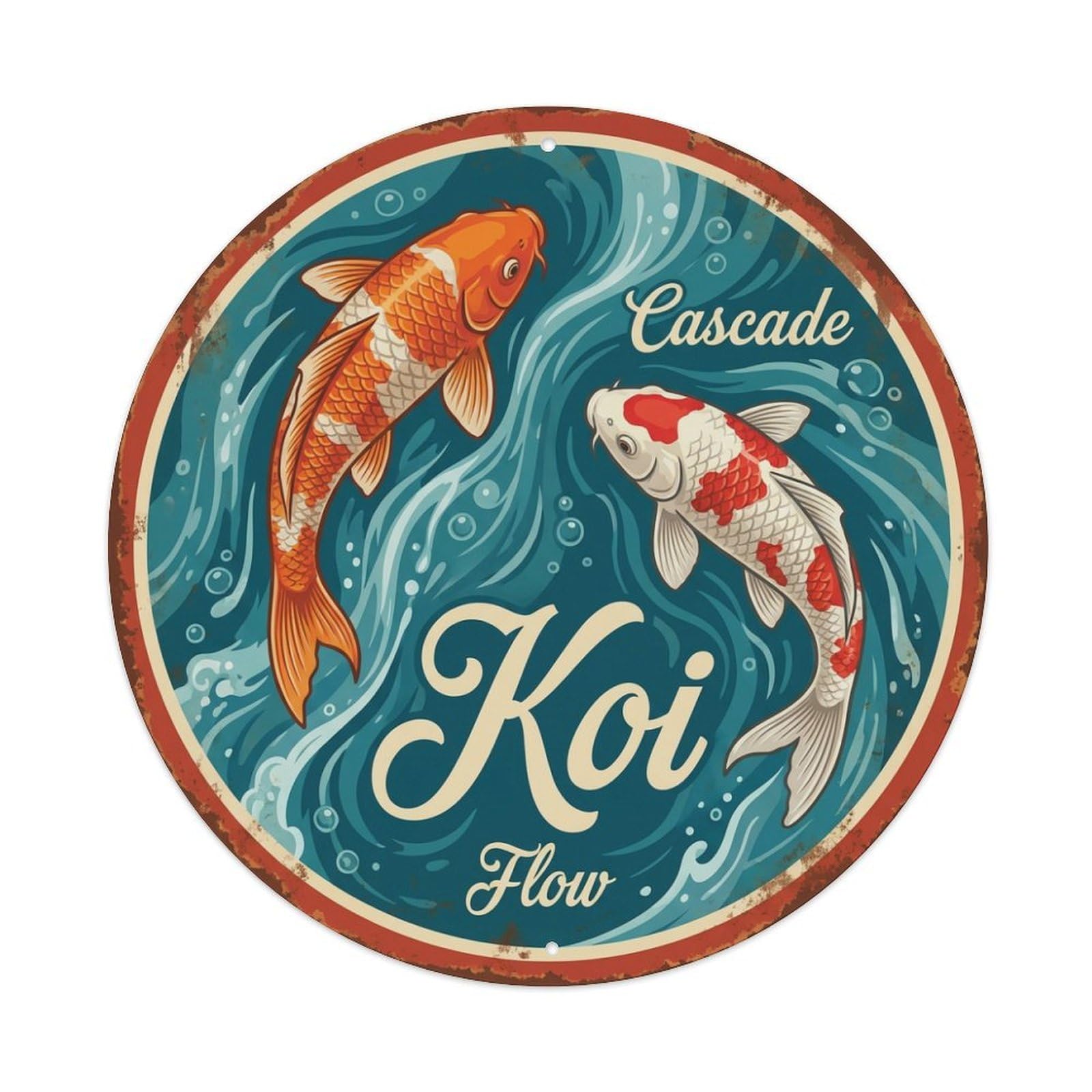Koi Fish Cascade Flow Waters Rushing Stream Flowing Current Metal Tin Sign