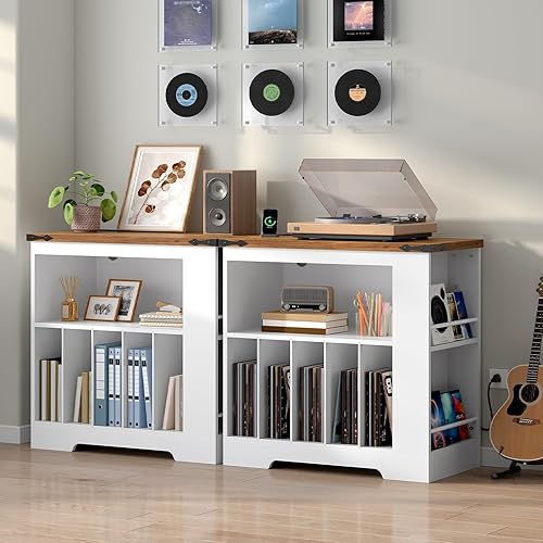 Miniatura 5 de HOOBRO Soporte grande para tocadiscos con estación de carga y luces LED, gabinete de almacenamiento de discos de vinilo con tira de luz de 21