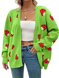 Womens Plus Size Strawberry Floral Print Long Sleeve Open Front Knit Cardigan Sweater