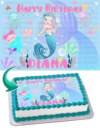 Cakecery Little Mermaid Edible Cake Image Topper Personalized Birthday Cake Banner 1/4 Sheet