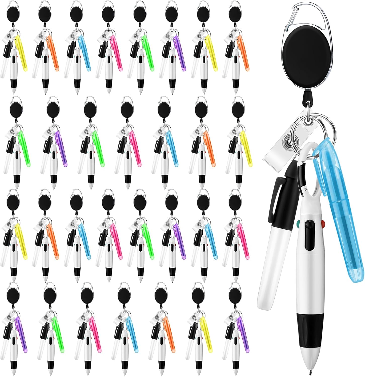 Dispowreath 120 Pcs Retractable Nurse Pen Bulk Set 4 in 1 Ballpoint Pens Mini Highlighter Mini Marker Nursing Keychain Clip for Badge CNA Nurse Accessories Gifts Office(Black)