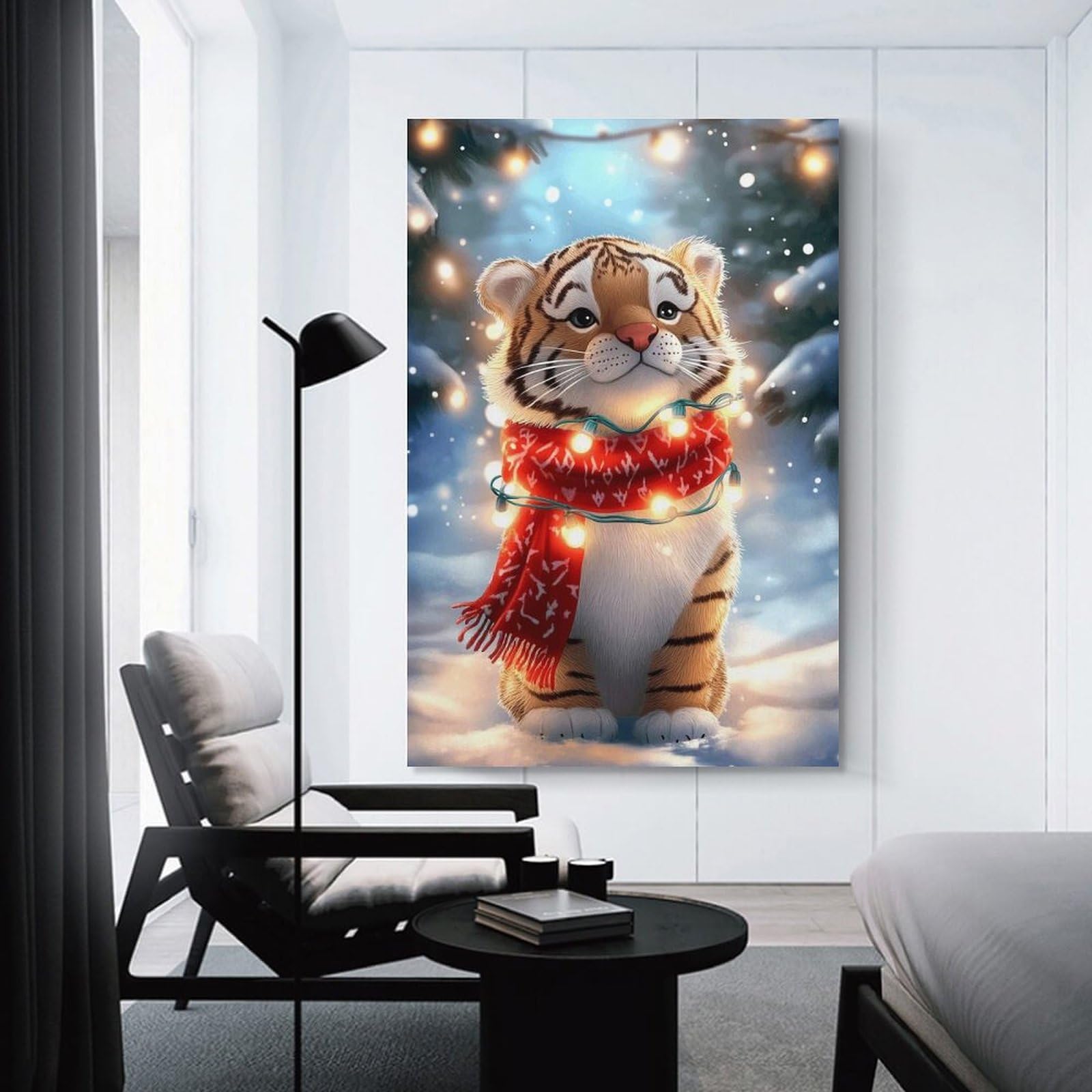 Junmoney Unframe-Style-14 Cute Tiger Cub In Winter Hanging Wall Art 24X36inch(60X90cm), For Restful Interiors, Bedrooms Or Small Rooms, Home Artwork With A Soft Interior Feel