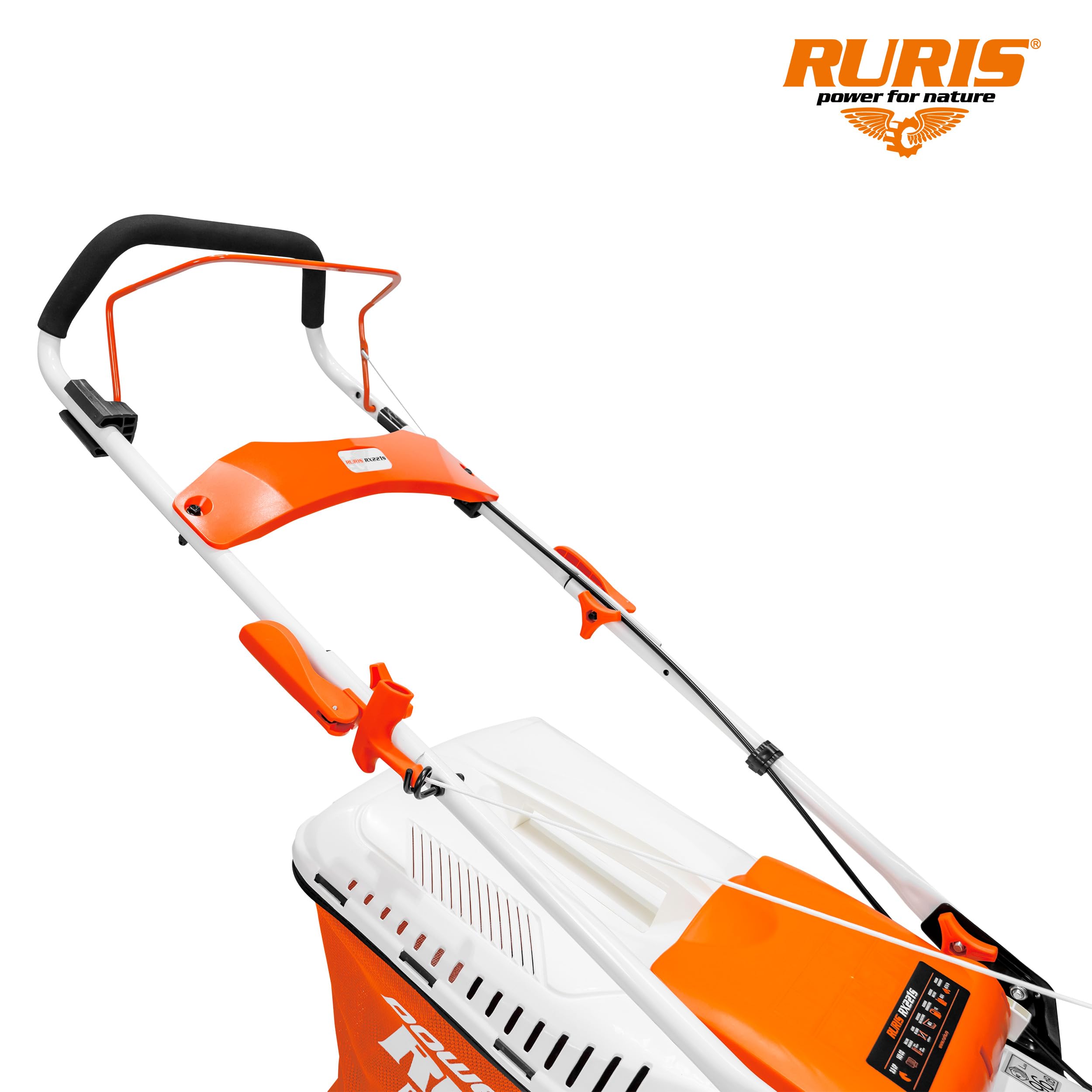 RURIS - Cortacésped térmico RX221S, 3,5 CV, 42 cm, Bolsa 45L, 3 en 1: Recogida, eyección Trasera, Mulching, chasis de Acero, Altura de Corte 25-75 mm, Naranja