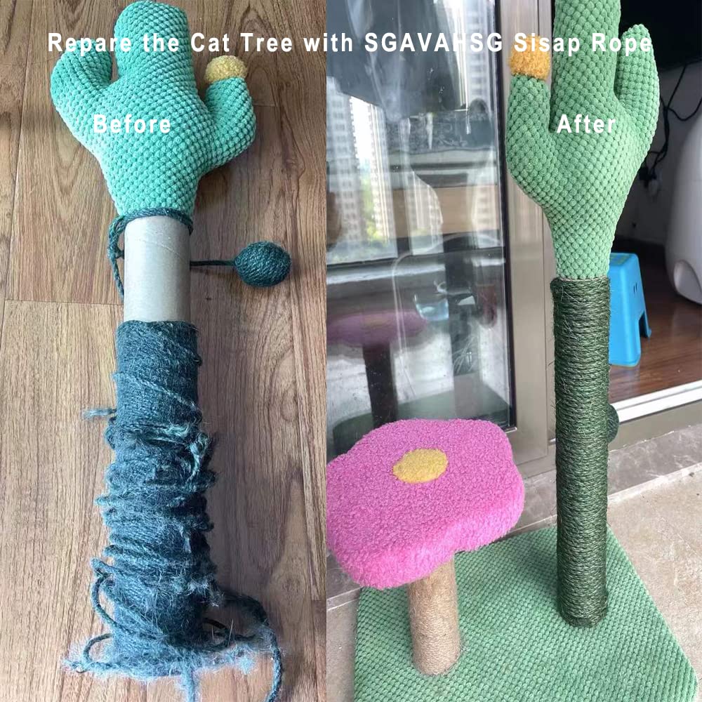Cuerda de sisal verde para rascador de gatos, reparación de árboles de gatos, 66 pies, cuerda de sisal natural para reemplazo o recuperación de postes de rascador, rascador de gatos DIY