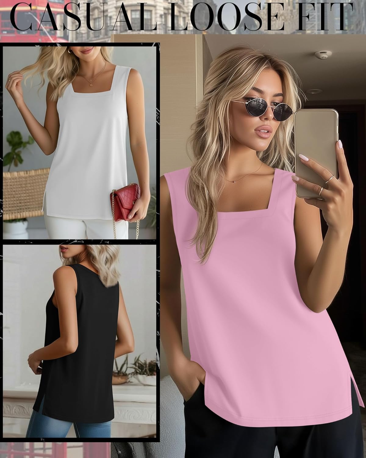 Huukeay 3 Pack Summer Women's Tank Tops Sleeveless Shirt Casual Loose Fit Square Neck Tank Top with Side Slits - Image 3