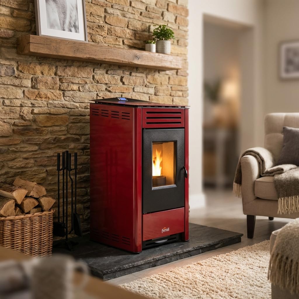 Suinga Stufa a pellet. Efficienza e design superiore con una superficie riscaldabile, colore rosso (Ferroli Omega 10 KW)
