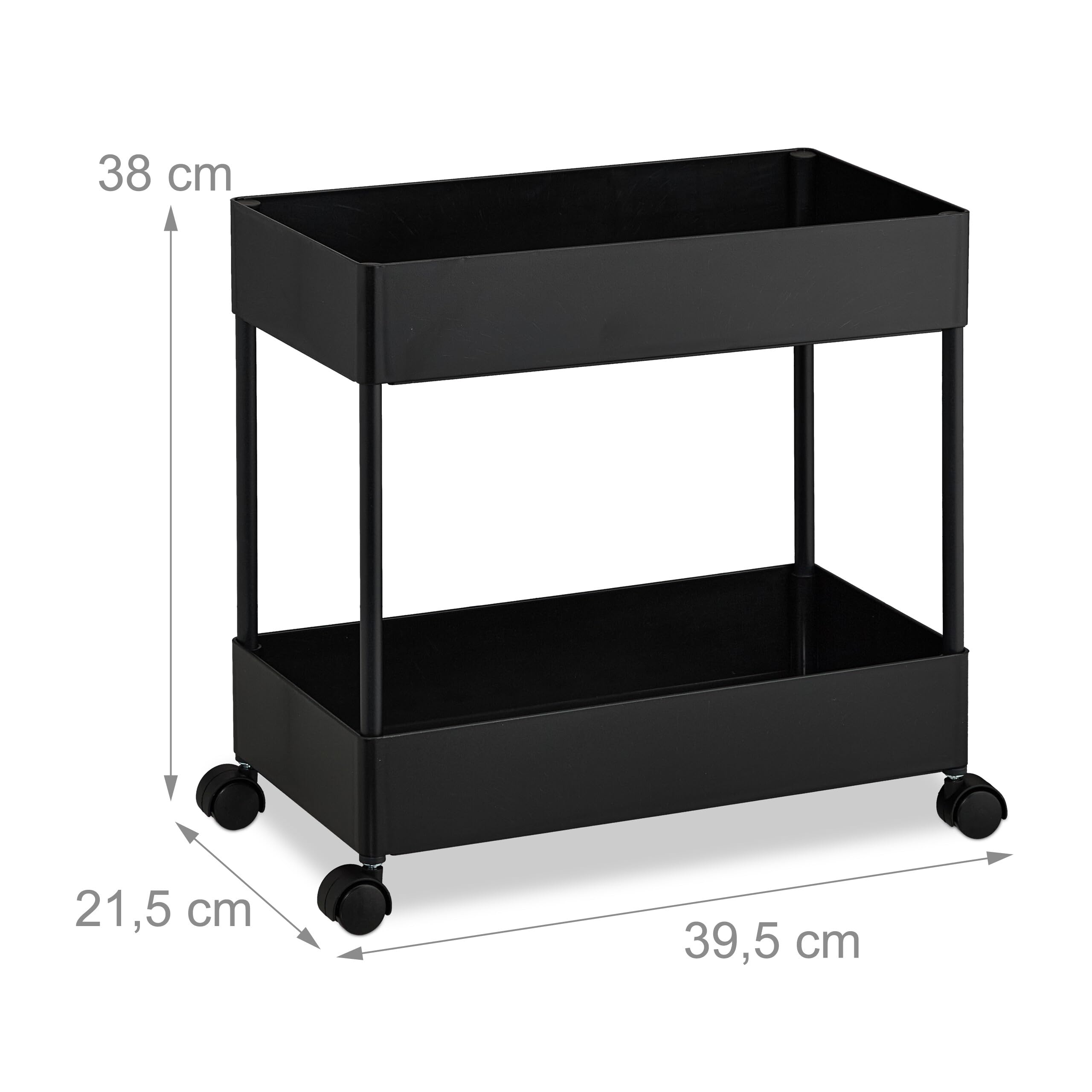Relaxdays Carrito Auxiliar Ruedas, Carro Cocina 2 Niveles, Camarera, Verdulero, Baño y Oficina, 38x39,5x21,5 cm, Negro