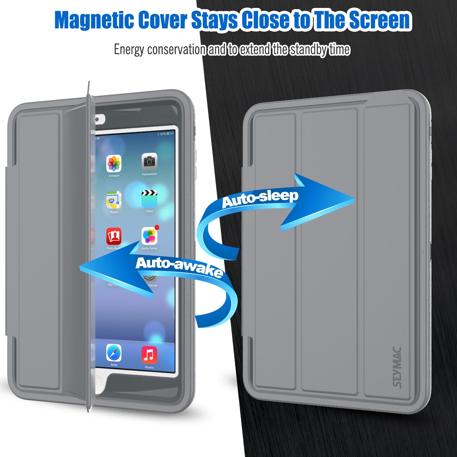 SEYMAC stock Case for iPad Mini 1/2/ 3, (Not for mini4), 3-Layer Heavy Protective Case, Smart Cover Auto Sleep Wake with Leather Stand Feature for iPad Mini 1/2/3 (Gray/Gray)
