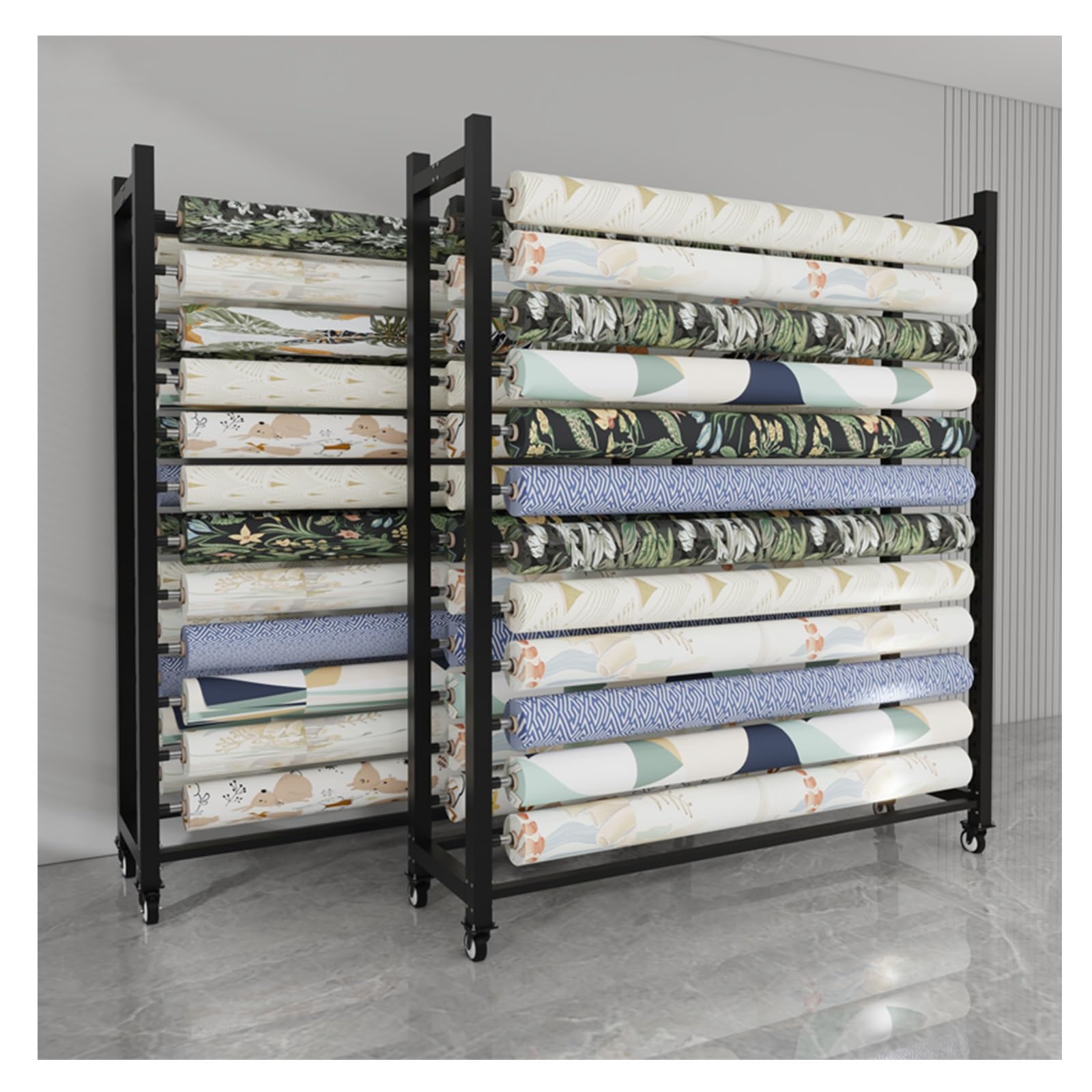 HeavyDuty mobilny uchwyt na rolkę tekstylną z kółkami, 16 prętów, szerokość 190 cm, stalowy wspornik do zmieniających się kolorów folii i rolek tkaniny, idealny do warsztatów i rękodzieła