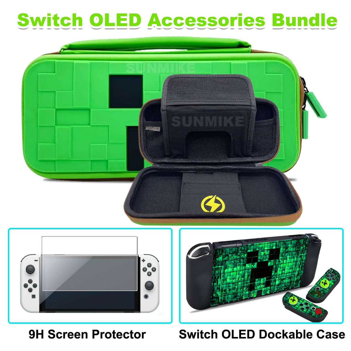 Carrying Case for Nintendo Switch OLED, Switch OLED Case, Screen Protector, Thumb Grips Caps, Portable Accessories Bundle Protective Cover for Console & Accessories Storage Travel Carry Cases, Green