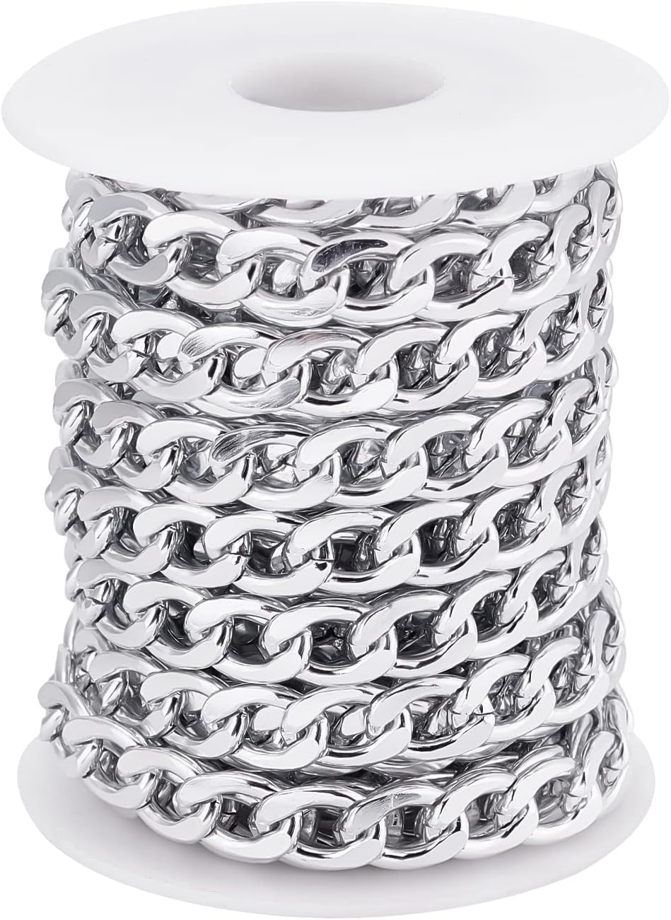 CHGCRAFT 16.4 Feet Aluminium Curb Chains Smooth Surface Charm Unwelded Connector Chain with Spool Silver Color Chains for Necklace Jewelry Accessories DIY Making, 0.5x0.35x0.1inch