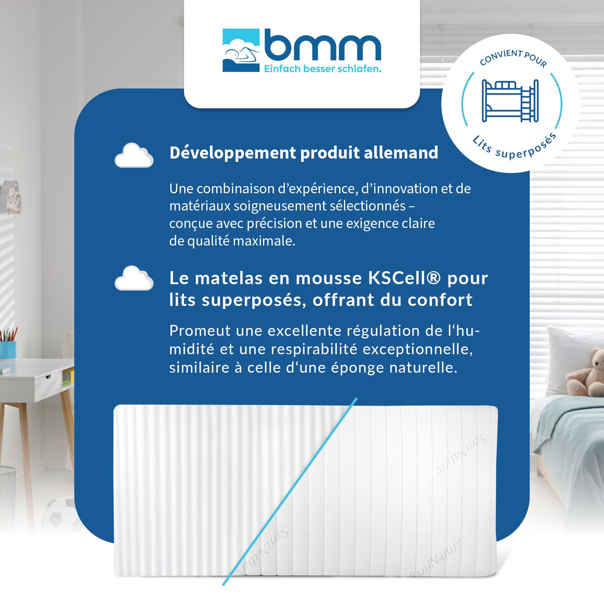 BMM Matelas pour Enfant UpMat 90 x 200cm H2 pour Lits superposés/Matelas en Mousse Froide certifié Öko-Tex/Adapté à Tous Les Lits superposés Courants/Matelas de Conception Allemande