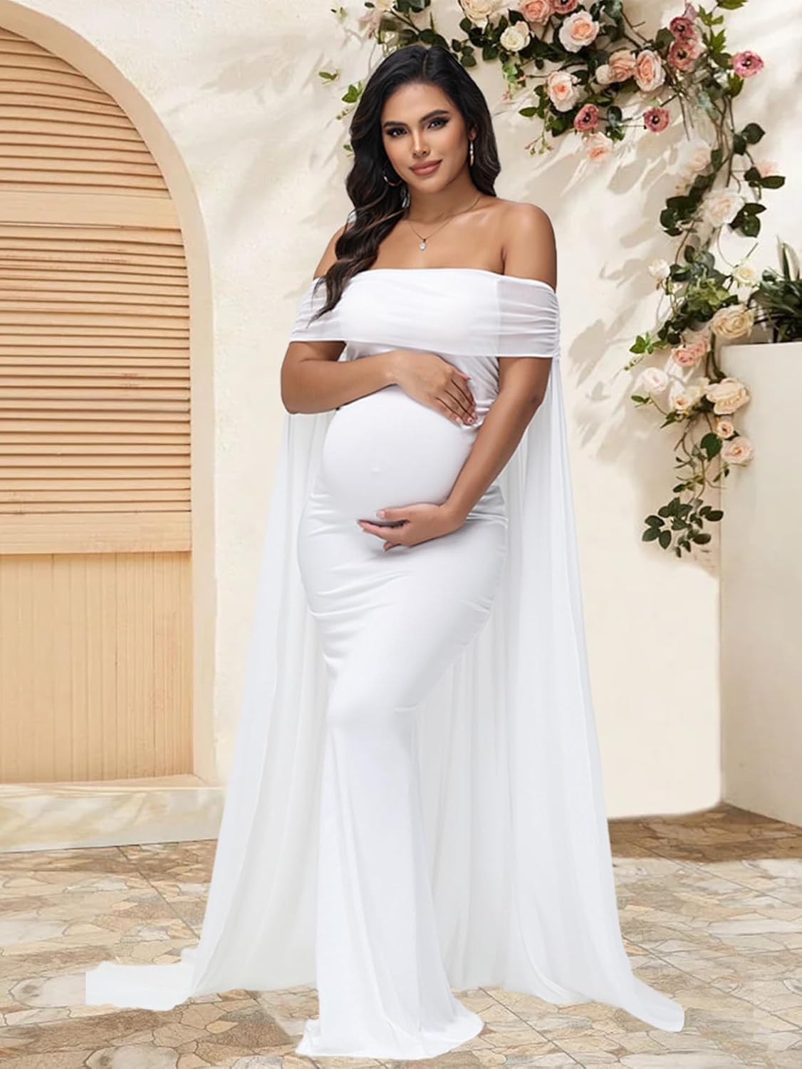 JustVH Women's Maternity Mesh Off Shoulder Chiffon Maxi Photoshoot Dress for Baby Shower Cloak Outfit Maxi Photography Gown