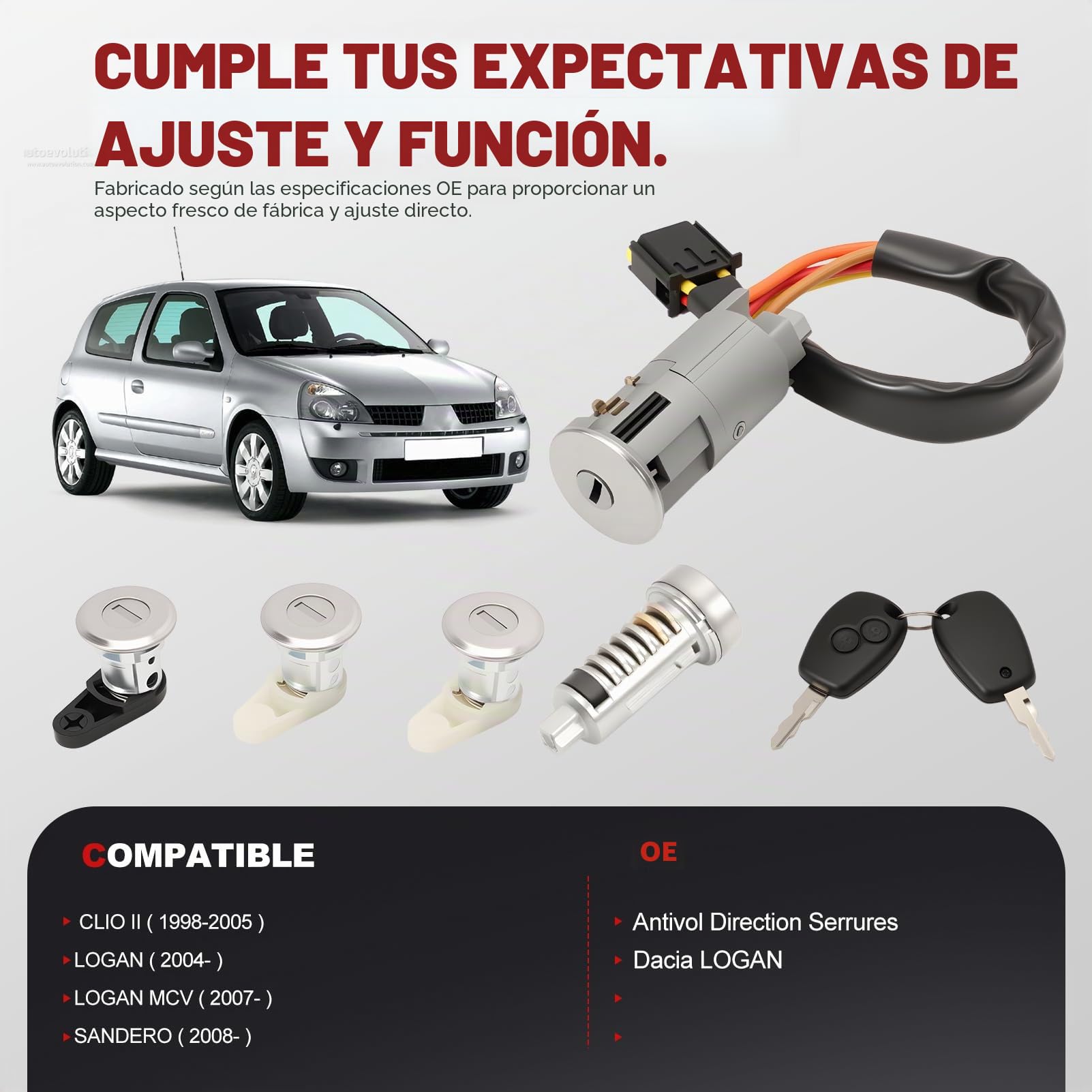Kit antirrobo de dirección con barriles de cerraduras de puertas y maletero para Dacia Logan (2004+), Sandero (2008+), Clio 2 (1998-2008), Twingo (1999-2006) con 2 llaves