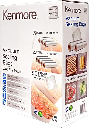 Miniatura 9 de Kenmore - Bolsas selladoras al vacío  Rollos de plástico para sellado de alimentos de 3-8 x 10, 4-8 x 20, bolsas de tamaño 11 x 16, embalaje